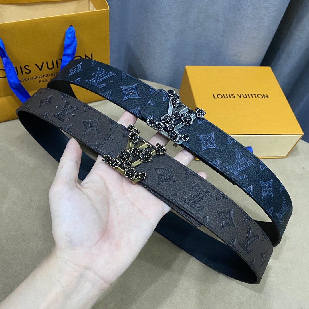 Louis Vuitton Belts Black Men Calfskin Cowhide Raffia