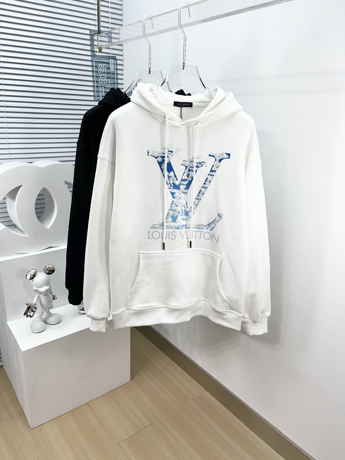 Louis Vuitton Clothing Hoodies Black Blue White Printing Cotton Fall/Winter Collection Hooded Top