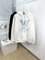 Louis Vuitton Clothing Hoodies Black Blue White Printing Cotton Fall/Winter Collection Hooded Top