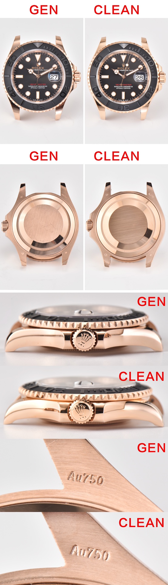 NO:157710,Comparison picture CLEAN/c factory launches yacht 40mm series 126622. s/126655 rose gold version recently launched 1. Left/right GEN=Real clean=clean factory product 2. The gray surface on the left looks a bit different in the soft box, but in natural light, the similarity is as high as 95, and natural light will be emitted later. 3. The blue surface on the right, C factory is slightly lighter than the genuine product. Of course, the characteristics of the radiation pattern disc is that the colors presented under different lights are different. To be precise, the RGB color value will not be too large in overall deviation. Because C factory on the entire radiation pattern dial, such as the water ghost plate, various log plates, and this yacht plate, involves color radiation patterns, all adopt the VD electroplating process consistent with the authentic product, and the advantages are  Ensure that the color of the shipment will not be different in color due to different batches. In addition, the coating is thin, so that the sun pattern on the bottom can be clearly seen. However, the cost is high. 4. The ring port is made of electroplating vd plating   anti-fingerprint coating, and the ring port material is also changed to stainless steel material. That is to say, even if the ring port is bumped and the electroplating layer is damaged. The base color is exposed, it is the same as plating. However, the steel hardness is higher than that of ordinary copper materials. It is also full of effort in processing and cost., christian louboutin19860909对比图 CLEAN/c厂推出游艇40mm系列 126622. s/126655玫瑰金版本近期推出1.左侧/右侧 GEN=真品 clean=clean厂产品2.左侧灰色面因为在柔光箱中,显得色差有些大,但是在自然光线下,相似程度高达95以上,后面会放出自然光对比.3.右侧蓝色面,c厂相较于真品而言,蓝色略浅一些,当然了,放射纹盘面的特点就是在不同的光线下呈现出的颜色不一样,准确说,RGB色值在一个基准上,整体就不会有太大的偏差.因为c厂在整个放射纹表盘上,例如水鬼盘,各种日志盘,以及本次游艇盘,涉及到彩色放射纹的,均采用同真品一致的vd电镀工艺,优点就是 保证出货颜色不会因为批次不同,而色调上产生差异化.另外就是镀层薄,能够清晰看到底面的太阳纹路.但是就是成本高.4.本次圈口采用电镀vd白金 防指纹镀膜,圈口材质也一般的黄铜更改为精钢材质,也就是说,即便圈口有磕碰,电镀层破坏.露出底色,他也是和白金色是一样的.但是精钢硬度高于一般铜材.也是在加工和成本上卯足了劲.,,christian louboutin,Watch