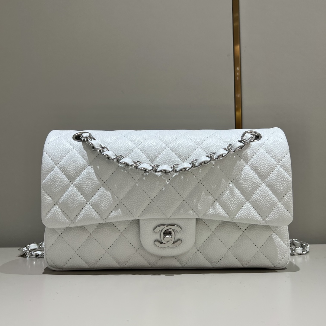 샤넬 CF 클래식 플랩백 25cm 화이트 은장 소가죽 논스티치 엣지 스티치 33247 Chanel Bag
