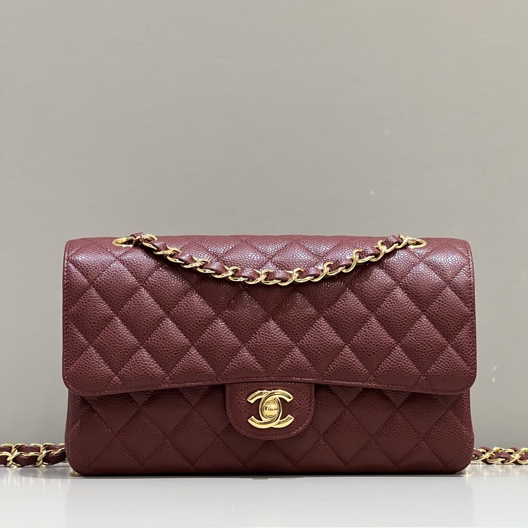 샤넬 CF 클래식 플랩백 25cm 버건디 금장 캐비어 소가죽 33251 Chanel Bag