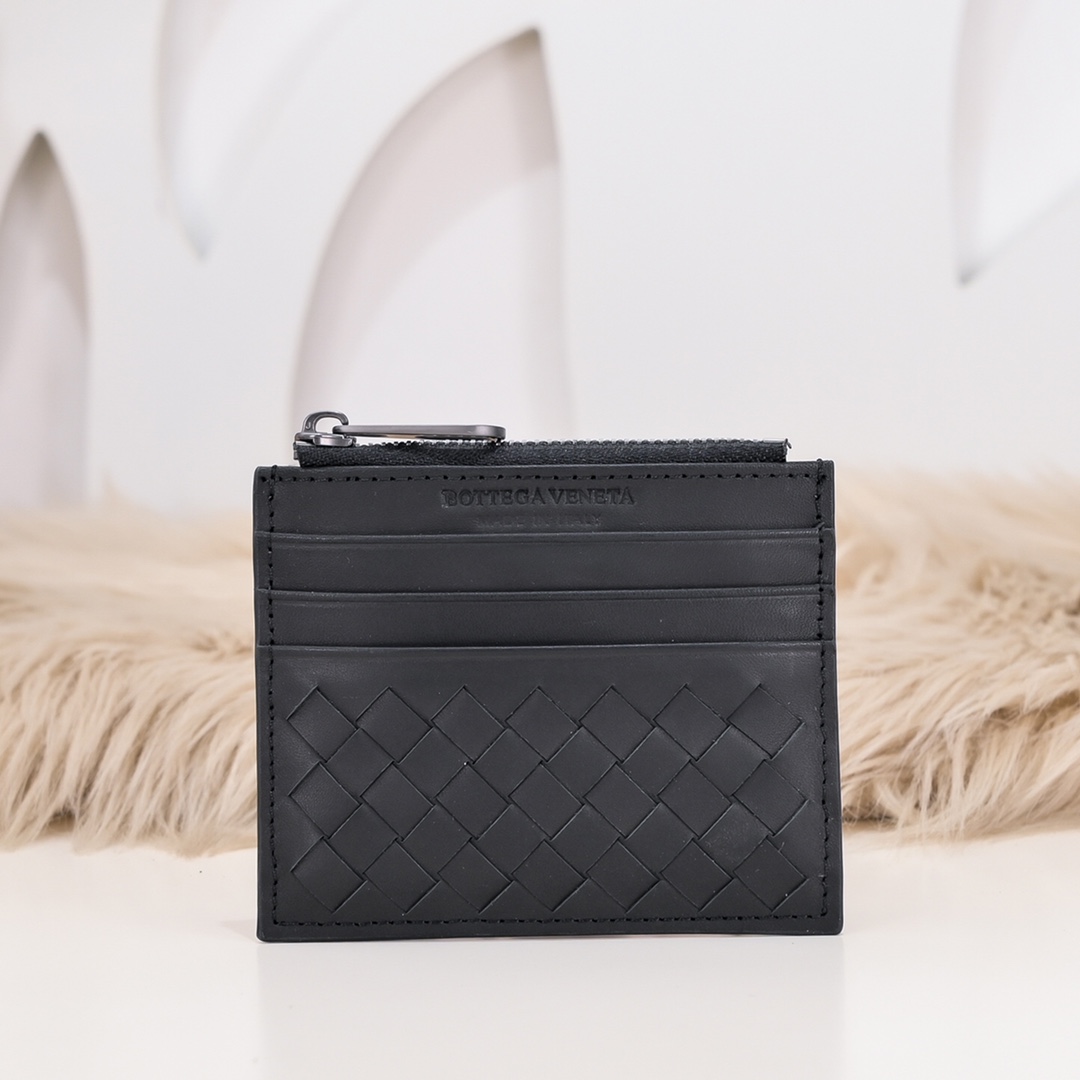 Porte-cartes Bottega Veneta en cuir tressé noir avec fermeture éclair