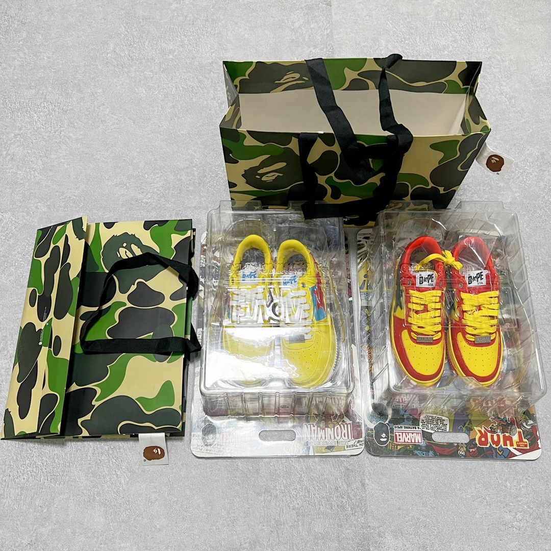 图片[9]-＃C版纯原 Marvel x Bape Sta To Low 猿人头经典低帮运动休闲板鞋 漫威超级英雄联名 钢铁侠、美队、绿巨人、黑寡妇、雷神、浣熊 全套原纸板楦头开发 确保原汁原味 市场最完美低趴版型 一比一鞋头弧度高度鞋身弧度 外贸平台指定订单 匠心打造 开发时长超过半年 独家私模磨具冲刀加持 原厂特供皮料光泽色卡零偏差 内里均采用市场最好的超软原厂填充棉 原数据进口机台高频印压LOGO 最高QC检验标准 控制溢胶瑕疵 深浅定位均保持zp一致 中底嵌入Ortholite缓震材质 全套原包装 包含猿人logo 定制防尘袋 尺码：36 36.5 37 38 38.5 40 40.5 41 42 42.5 43 44 44.5 45 46-选品中心