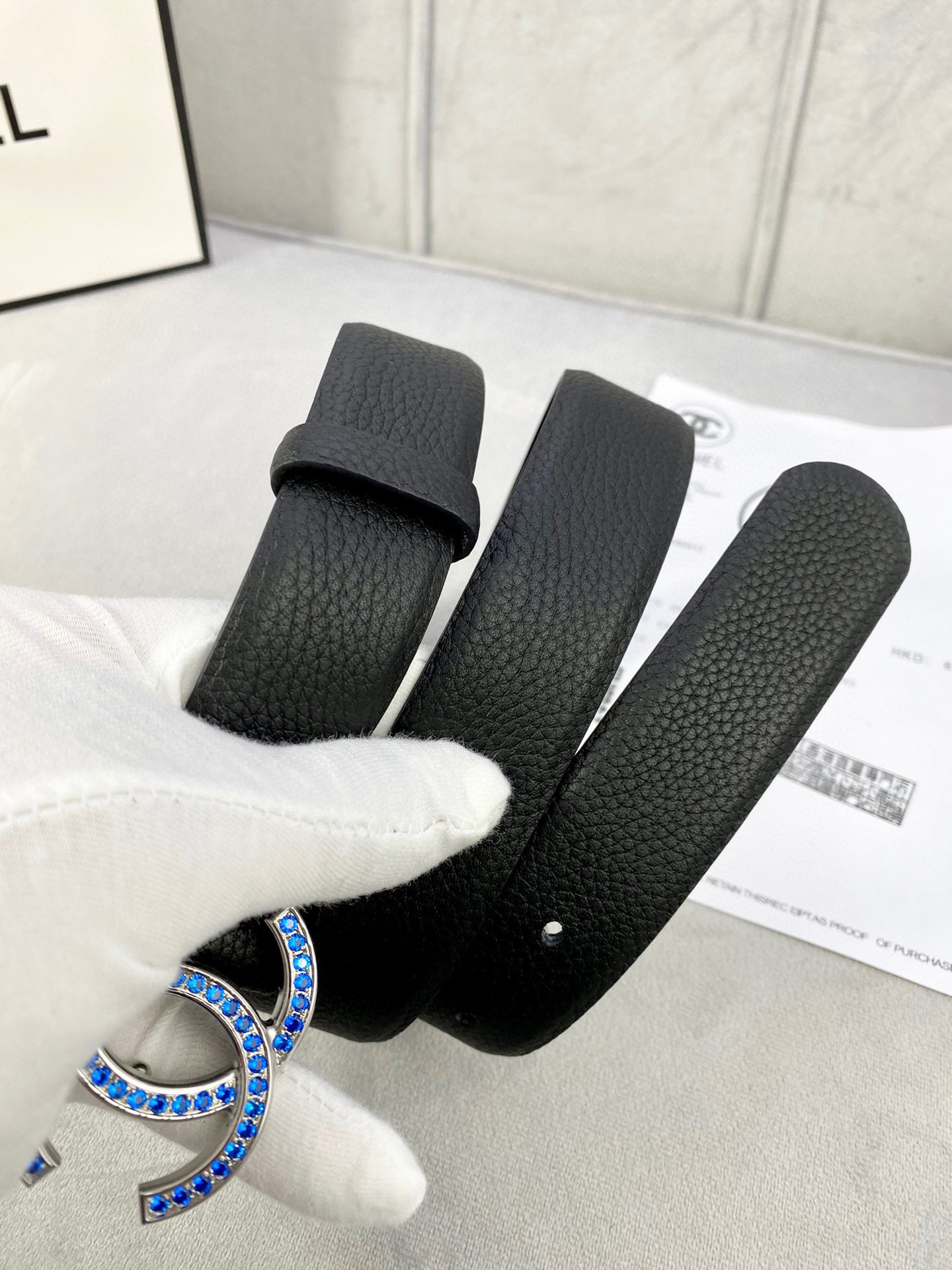 Chanel 荔枝纹平纹皮ベルト 3.0cm幅 鮮明なテクスチャと金銀色ダイヤモンド装飾