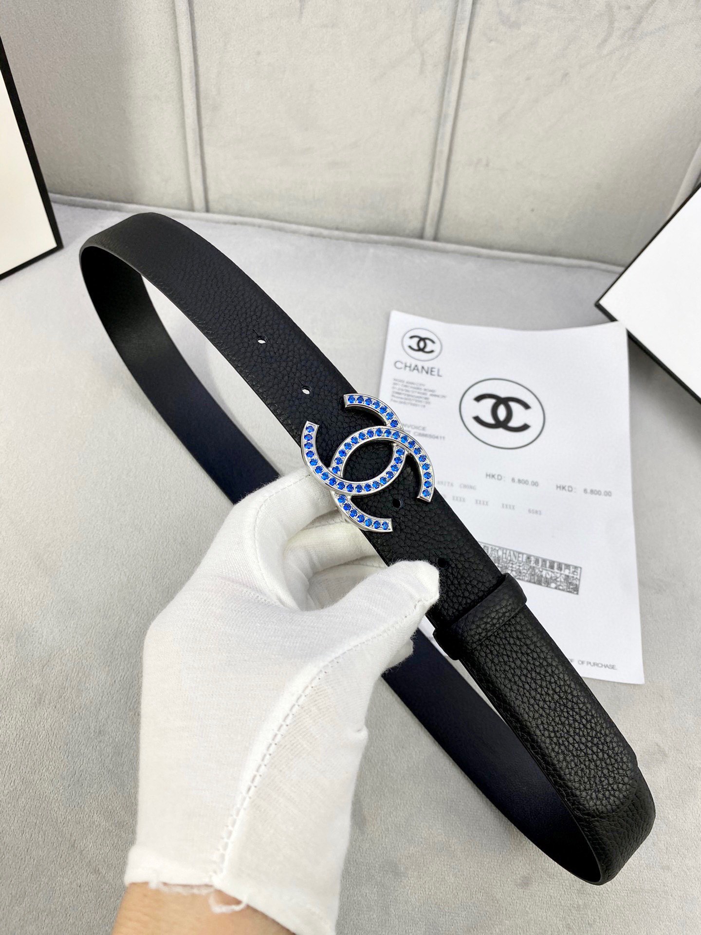 Chanel 荔枝纹平纹皮ベルト 3.0cm幅 鮮明なテクスチャと金銀色ダイヤモンド装飾