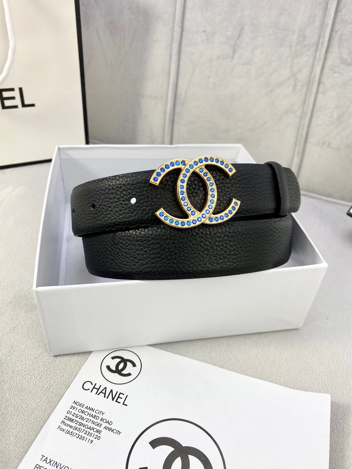 Chanel 荔枝纹平纹皮ベルト 3.0cm幅 鮮明なテクスチャと金銀色ダイヤモンド装飾