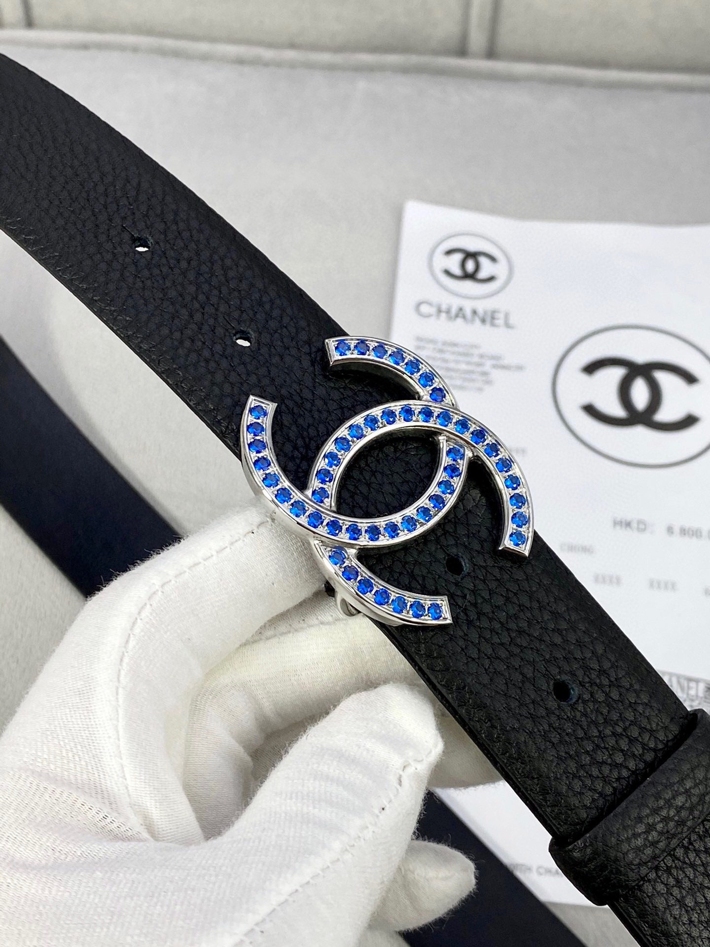 Chanel 荔枝纹平纹皮ベルト 3.0cm幅 鮮明なテクスチャと金銀色ダイヤモンド装飾