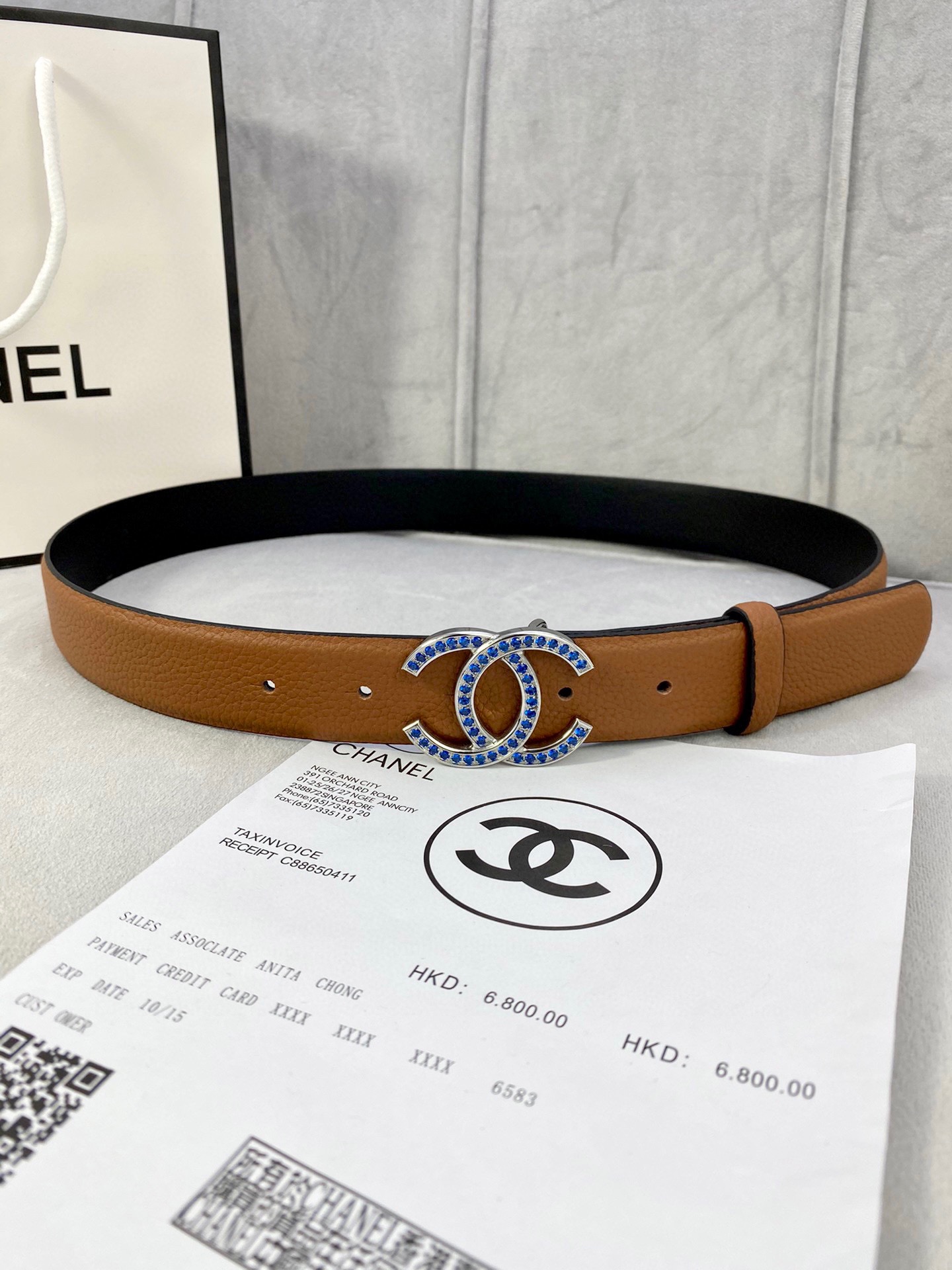Chanel 荔枝纹平纹皮ベルト 3.0cm幅 金銀色镶钻钢扣