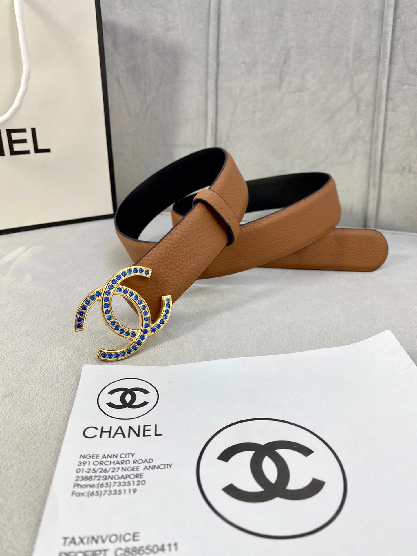 Chanel 荔枝纹平纹皮ベルト 3.0cm幅 金銀色镶钻钢扣