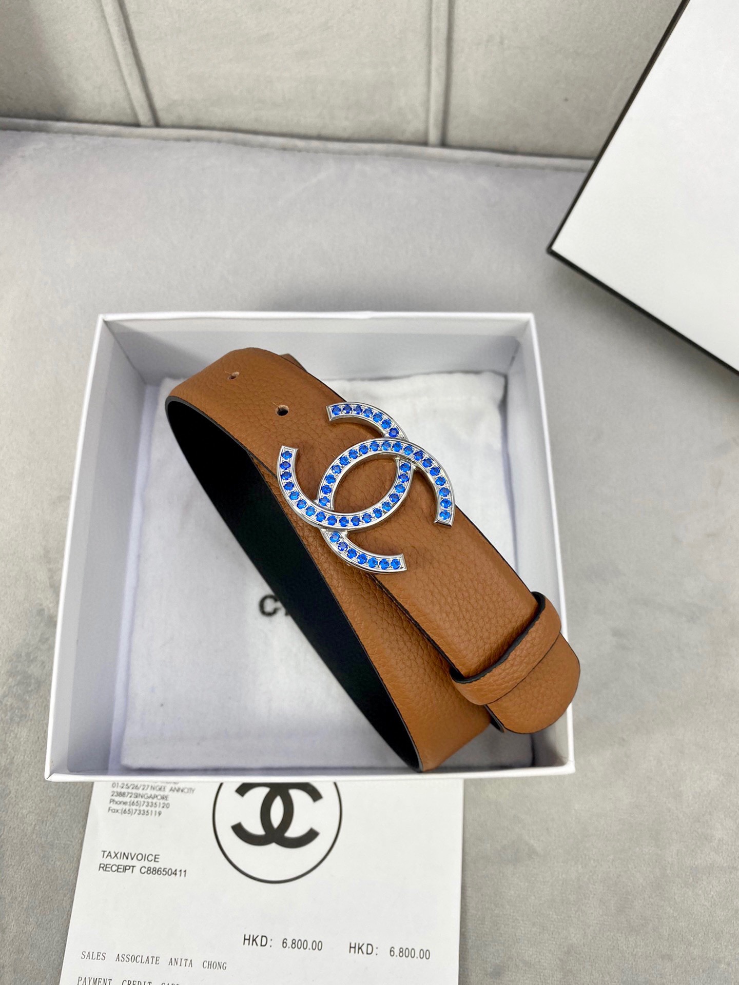 Chanel 荔枝纹平纹皮ベルト 3.0cm幅 金銀色镶钻钢扣