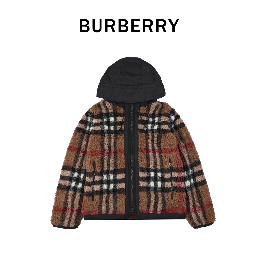 Burberry 巴宝莉2022 FW秋冬新款大号格纹毛绒连帽外套