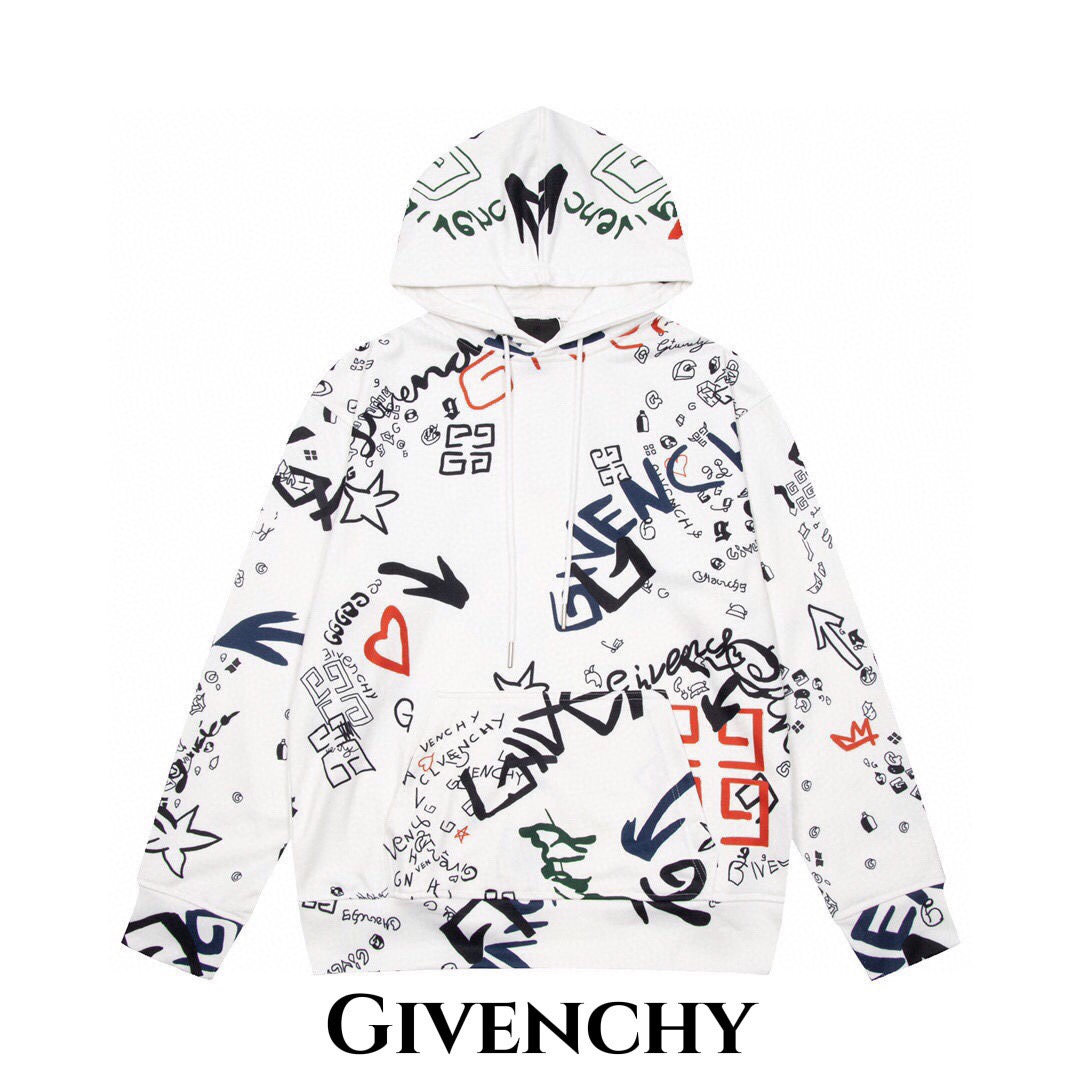 300 纪梵希/Givenchy 秋冬新款满身涂鸦图案印花连帽卫衣休闲百搭男女连帽衫