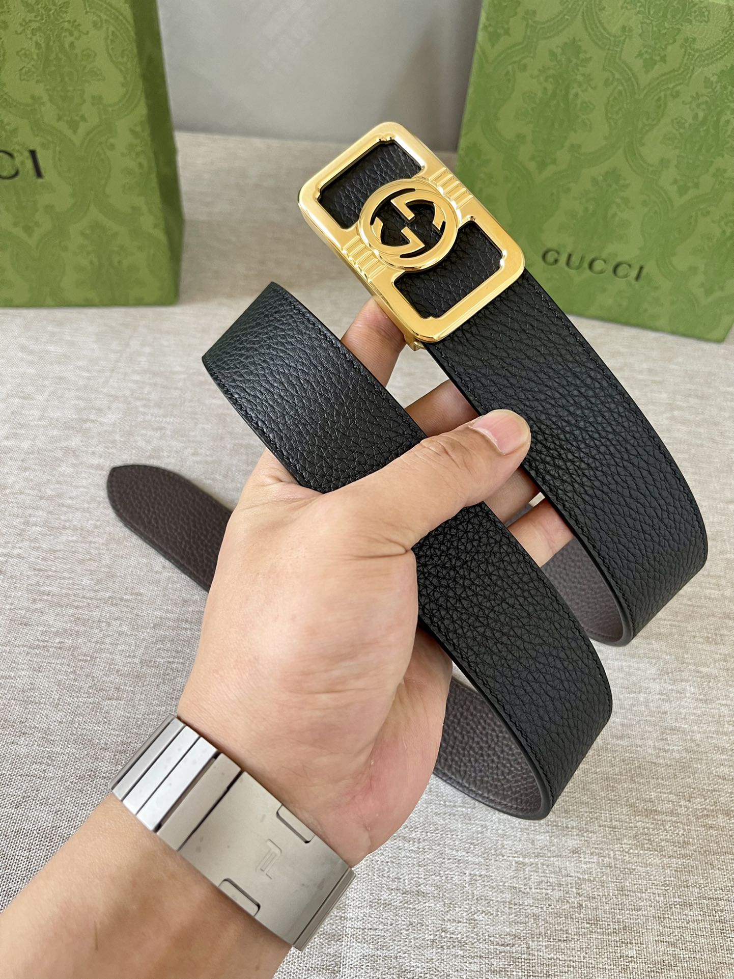 古驰原厂进口双面荔枝纹小牛皮头层黑色