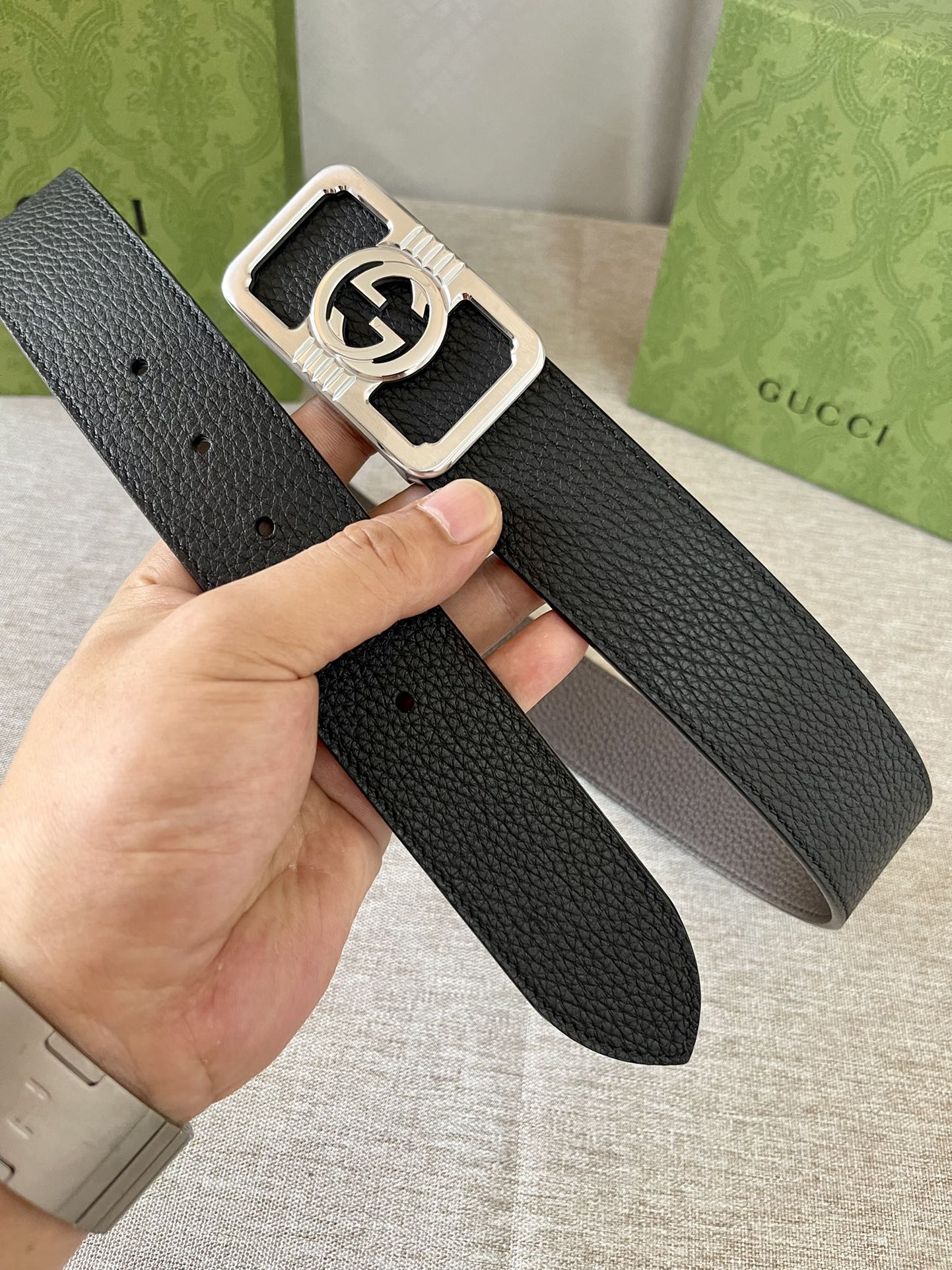 古驰原厂进口双面荔枝纹小牛皮头层黑色