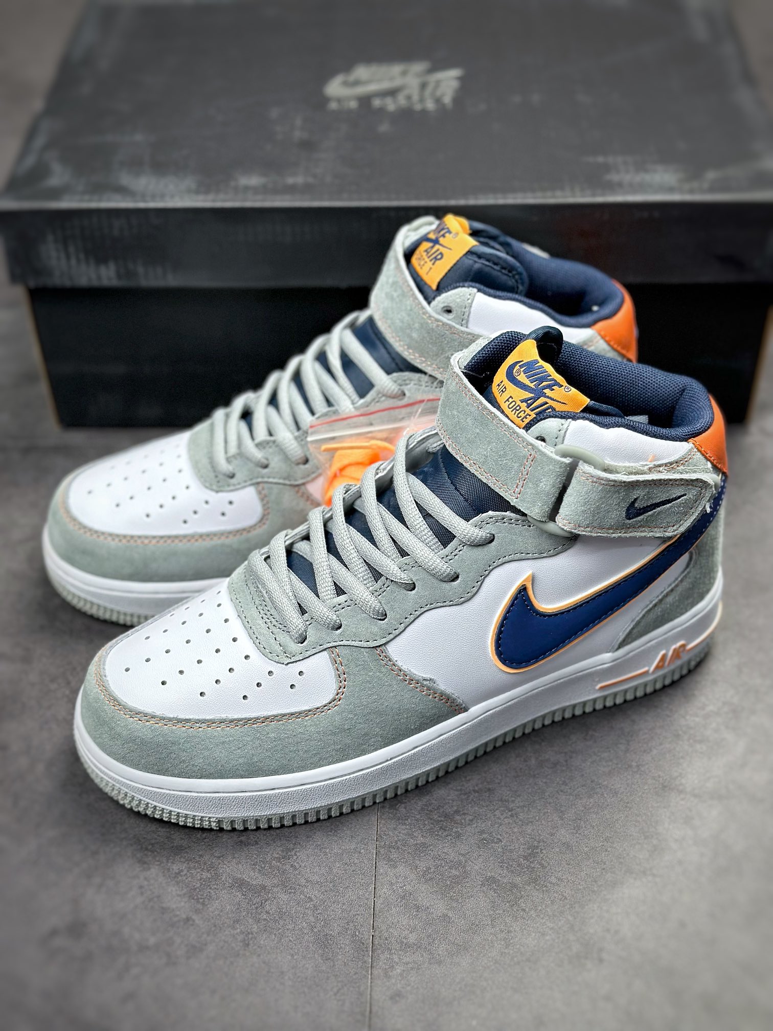 250 Nike Air Force 1 Mid 麂皮灰蓝橙 CQ5059-203