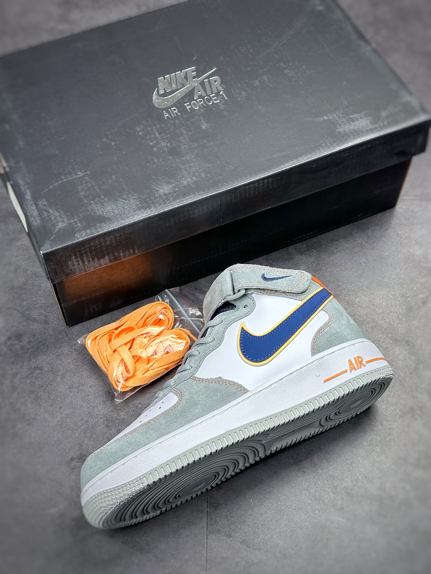 250 Nike Air Force 1 Mid 麂皮灰蓝橙 CQ5059-203