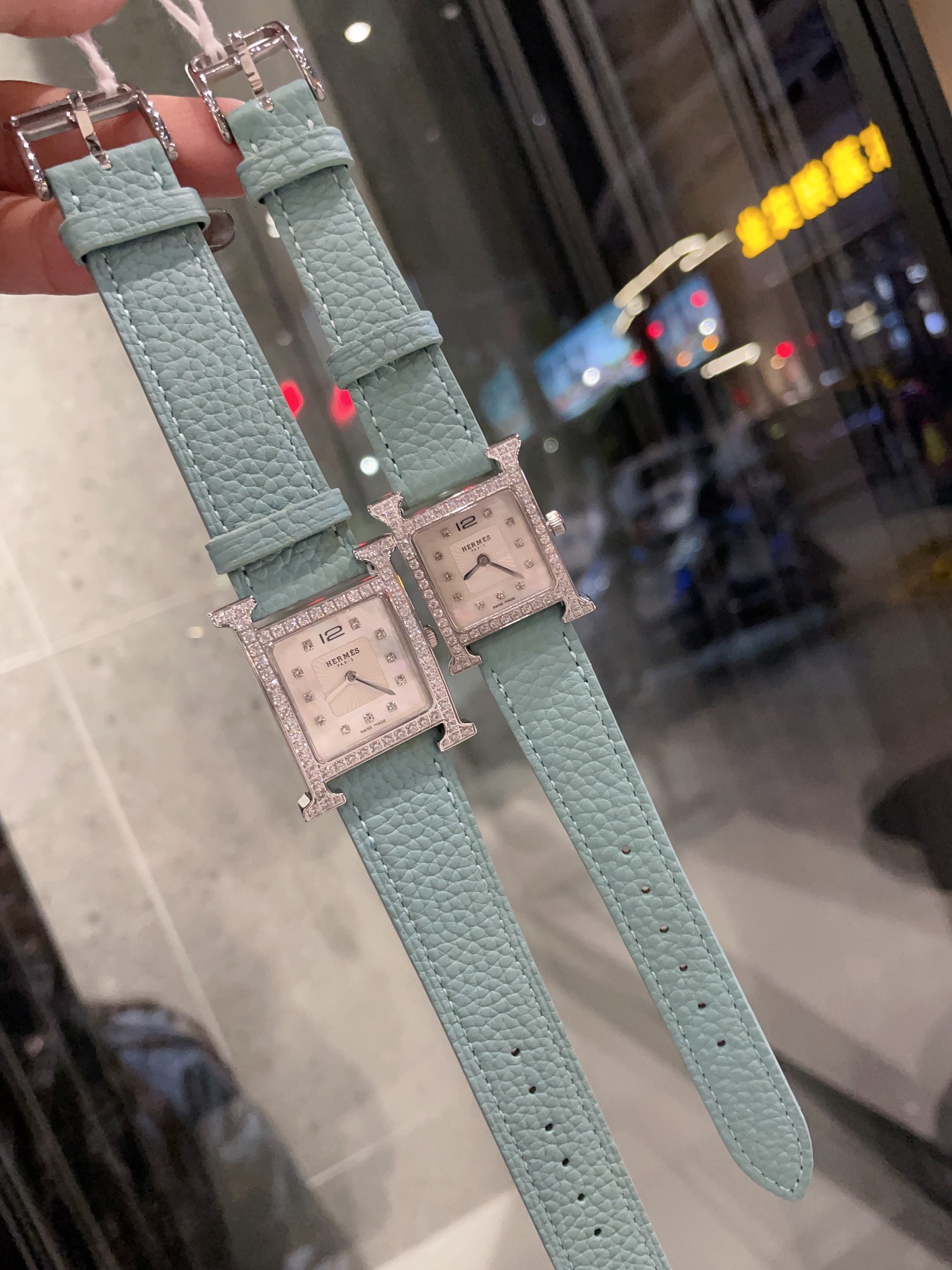 Hermes Reloj Azul Rosa Blanco Piel de vaca Cuero Quartz Movement Correas ternera