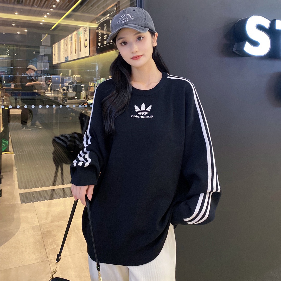 BalenciagaAdidas co-branded jacquard logo round-neck sweater upper body effect