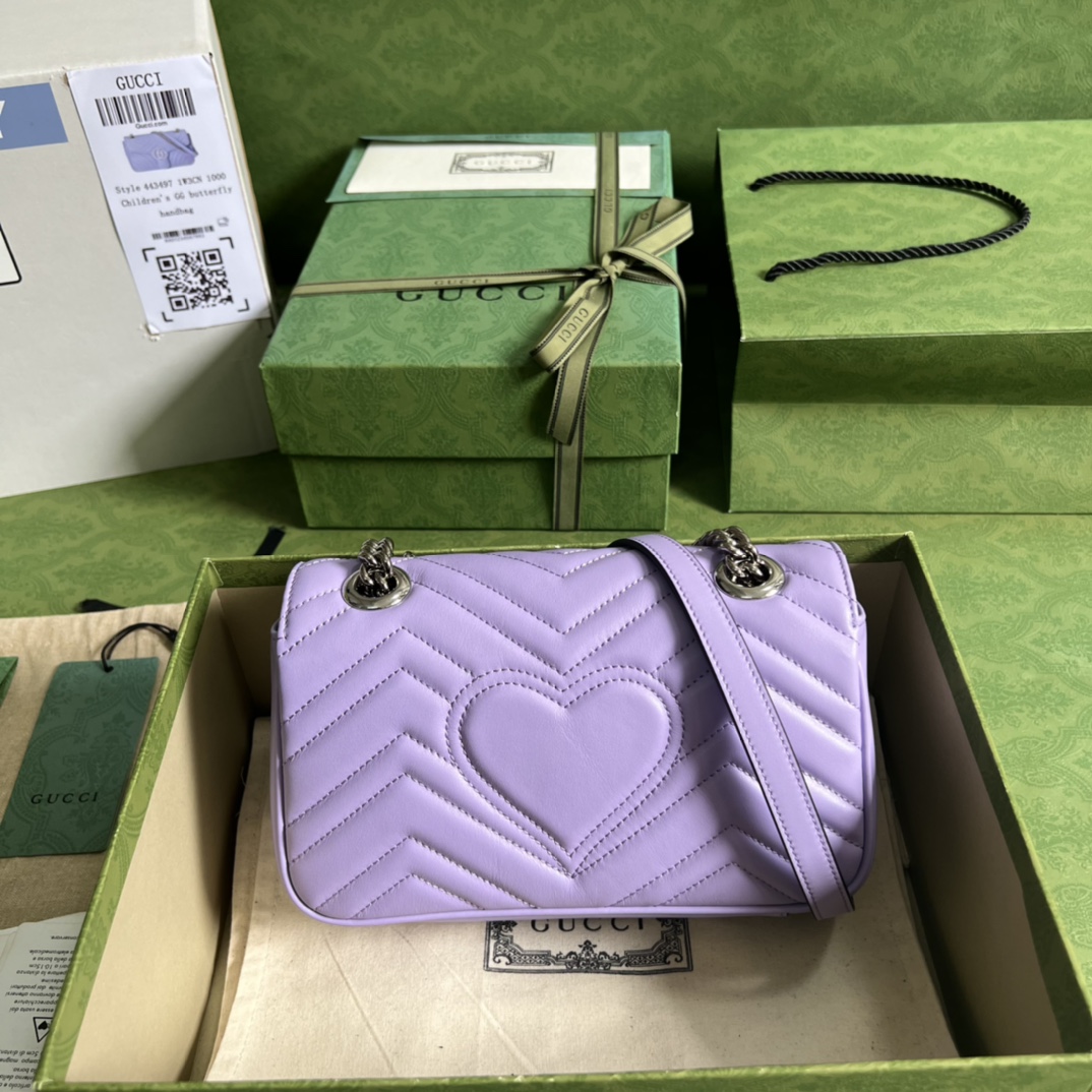 GG Marmont 446744 浅紫色原厂皮包，全套绿色包装，百搭款式