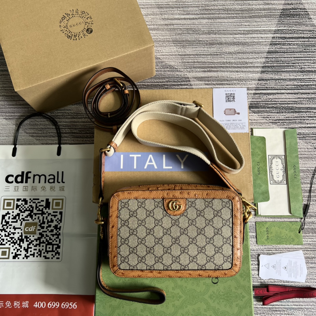 GUCCI Ophidia系列 GG肩背包手包 棕色鸵鸟纹GG Supreme帆布 双G金属配件 古金色调五金-顶级品质