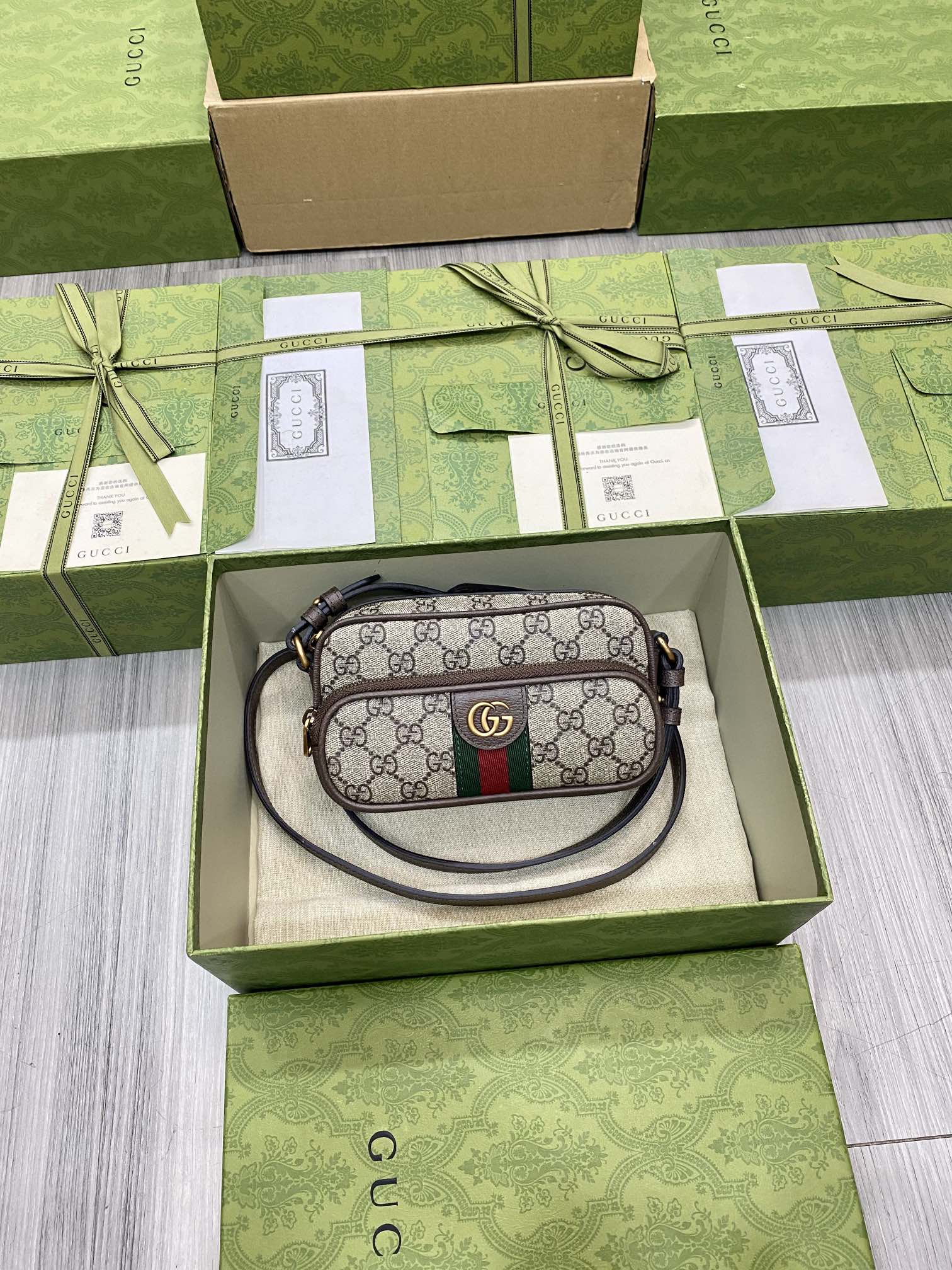 GUCCI Ophidia мини-сумка GG Supreme канвас с лентой и двойной G фурнитурой