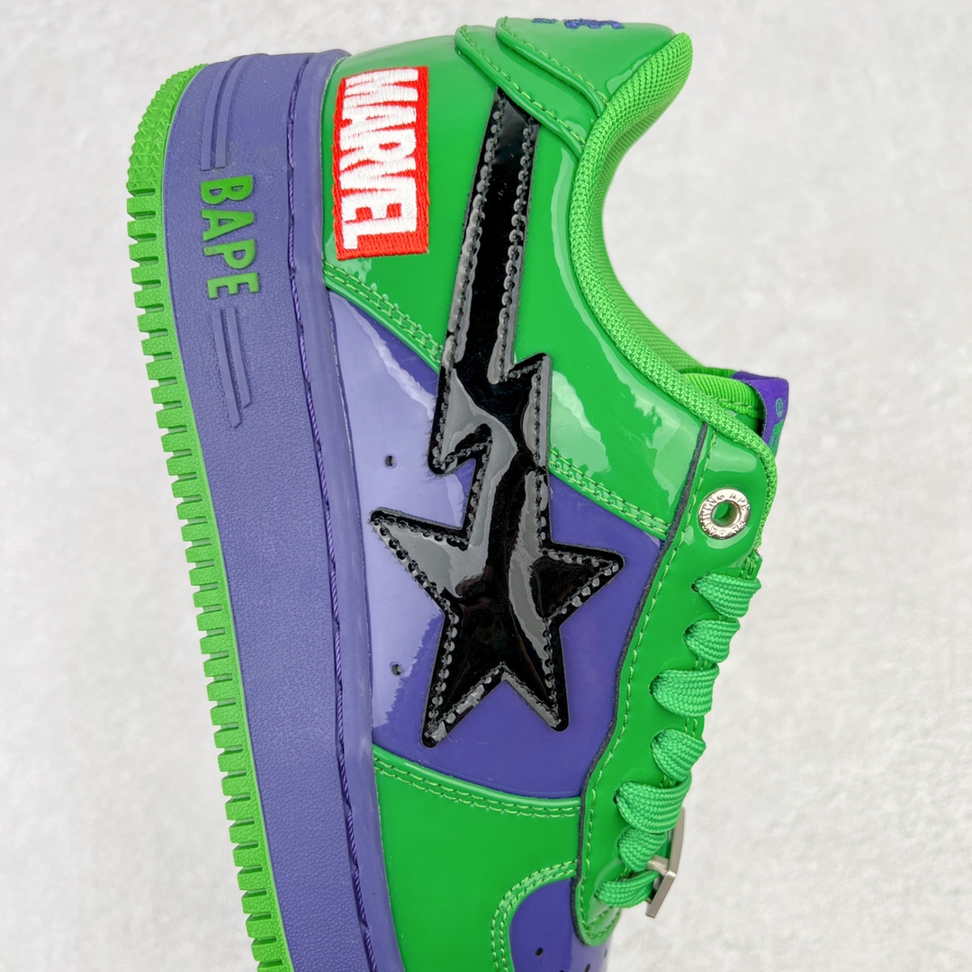 图片[6]-＃C版纯原 Marvel x Bape Sta To Low 猿人头经典低帮运动休闲板鞋 漫威超级英雄联名 钢铁侠、美队、绿巨人、黑寡妇、雷神、浣熊 全套原纸板楦头开发 确保原汁原味 市场最完美低趴版型 一比一鞋头弧度高度鞋身弧度 外贸平台指定订单 匠心打造 开发时长超过半年 独家私模磨具冲刀加持 原厂特供皮料光泽色卡零偏差 内里均采用市场最好的超软原厂填充棉 原数据进口机台高频印压LOGO 最高QC检验标准 控制溢胶瑕疵 深浅定位均保持zp一致 中底嵌入Ortholite缓震材质 全套原包装 包含猿人logo 定制防尘袋 尺码：36 36.5 37 38 38.5 40 40.5 41 42 42.5 43 44 44.5 45 46-选品中心