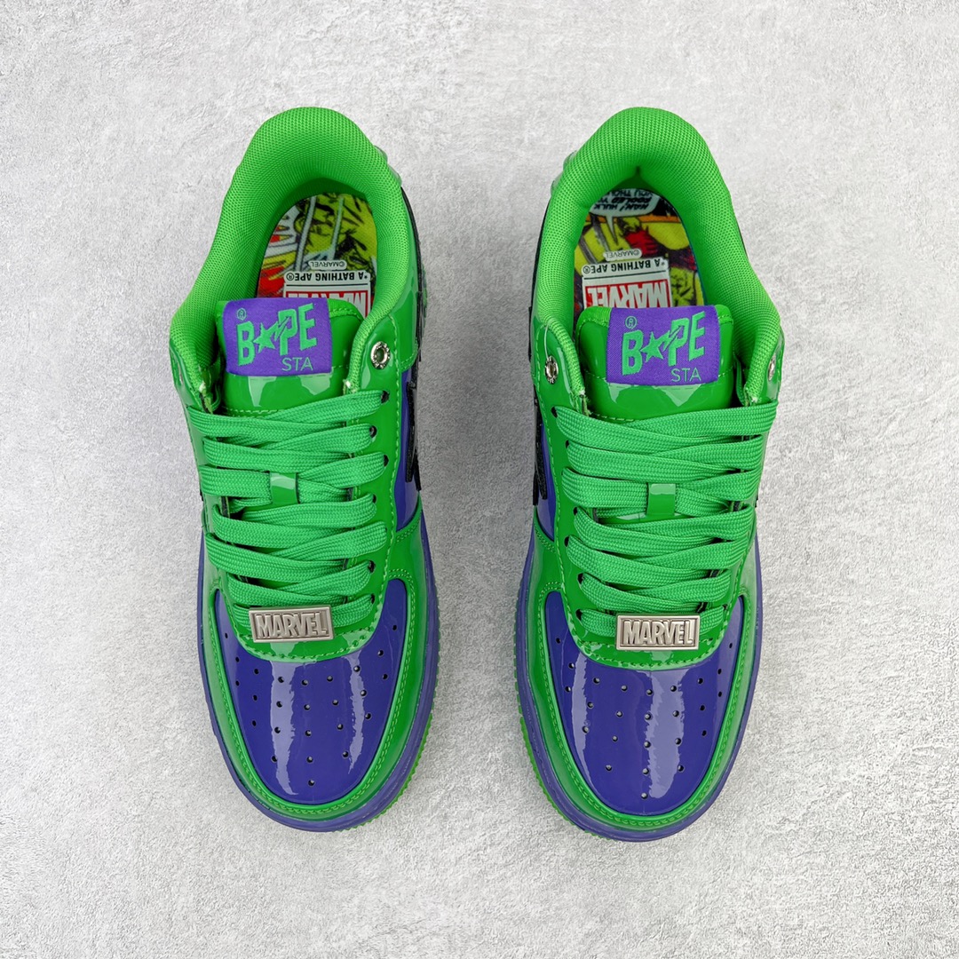 图片[2]-＃C版纯原 Marvel x Bape Sta To Low 猿人头经典低帮运动休闲板鞋 漫威超级英雄联名 钢铁侠、美队、绿巨人、黑寡妇、雷神、浣熊 全套原纸板楦头开发 确保原汁原味 市场最完美低趴版型 一比一鞋头弧度高度鞋身弧度 外贸平台指定订单 匠心打造 开发时长超过半年 独家私模磨具冲刀加持 原厂特供皮料光泽色卡零偏差 内里均采用市场最好的超软原厂填充棉 原数据进口机台高频印压LOGO 最高QC检验标准 控制溢胶瑕疵 深浅定位均保持zp一致 中底嵌入Ortholite缓震材质 全套原包装 包含猿人logo 定制防尘袋 尺码：36 36.5 37 38 38.5 40 40.5 41 42 42.5 43 44 44.5 45 46-选品中心