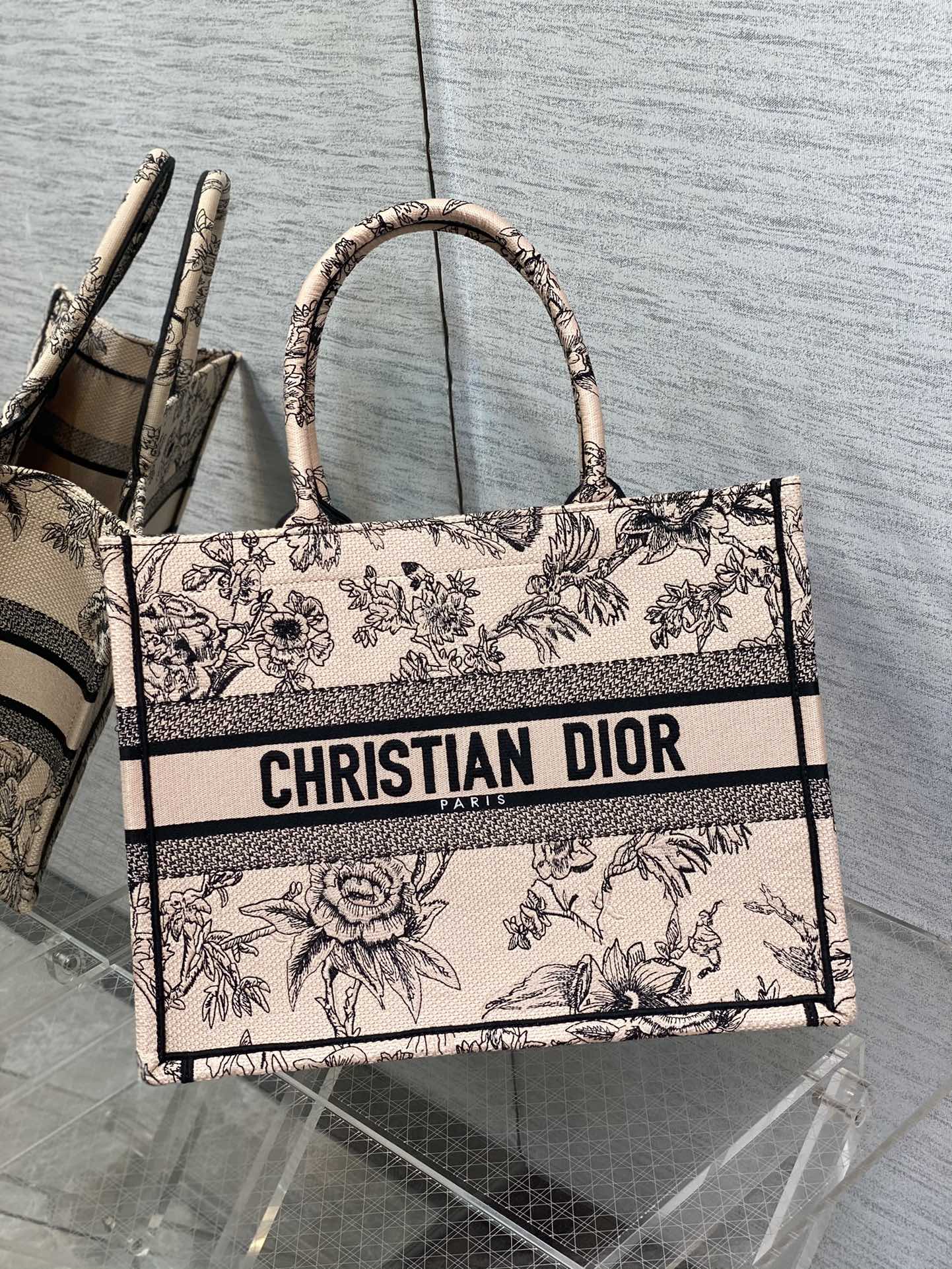 DIOR Medium Tote Embroidered Garden Peony Pattern Handbag