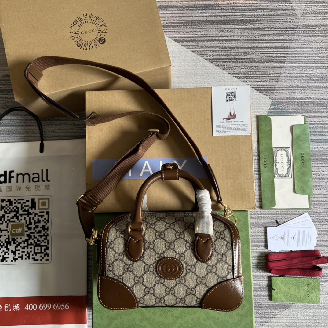 GUCCI Small Travel Bag GG Supreme Canvas Leather Trim Double G Logo Handle Shoulder Strap