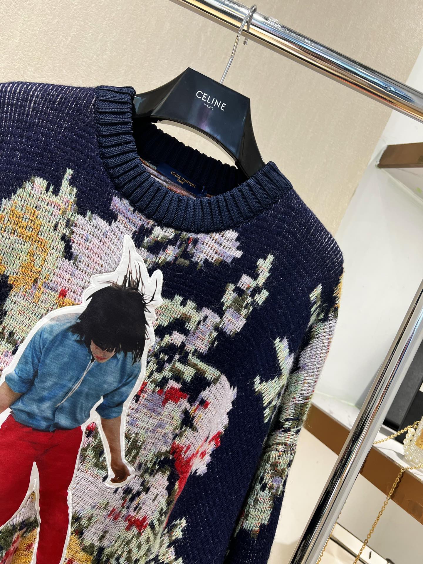 2022Louis Vuitton 22SS秋冬新款霓虹人像贴片提花针织上衣毛衣