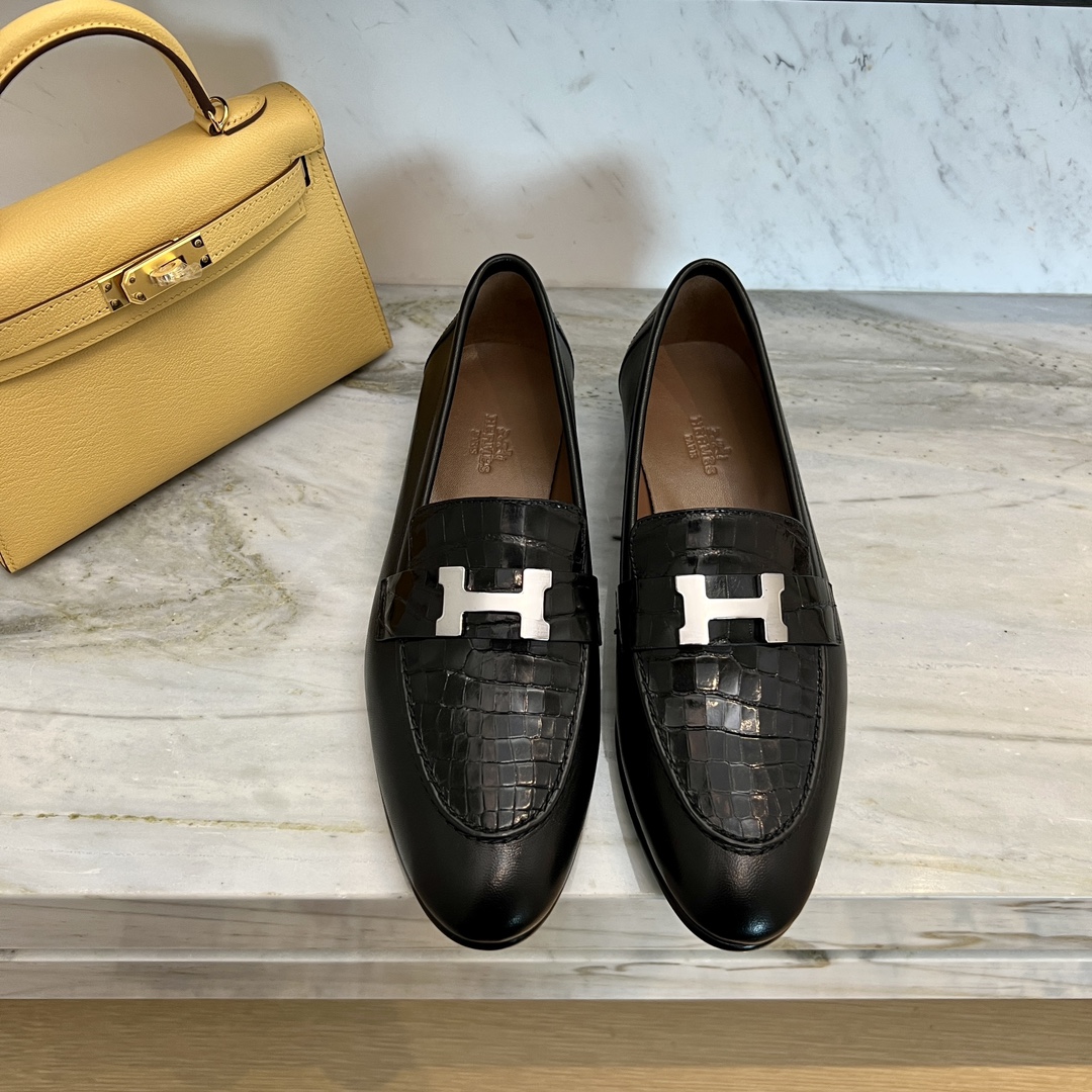 Hermes Shoes Loafers Fashion Designer
 Black Silver Hardware Genuine Leather Lambskin Sheepskin