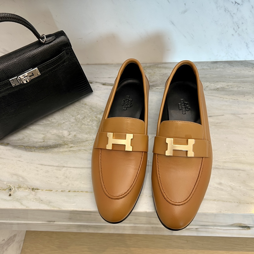 Hermes Shoes Loafers Black Yellow Gold Hardware Genuine Leather Lambskin Sheepskin