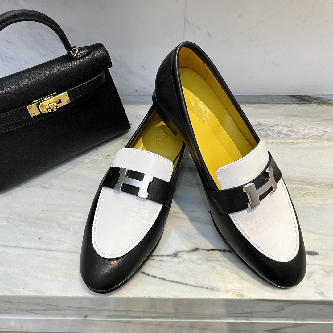 Hermes Shoes Loafers Black White Yellow Silver Hardware Genuine Leather Lambskin Sheepskin