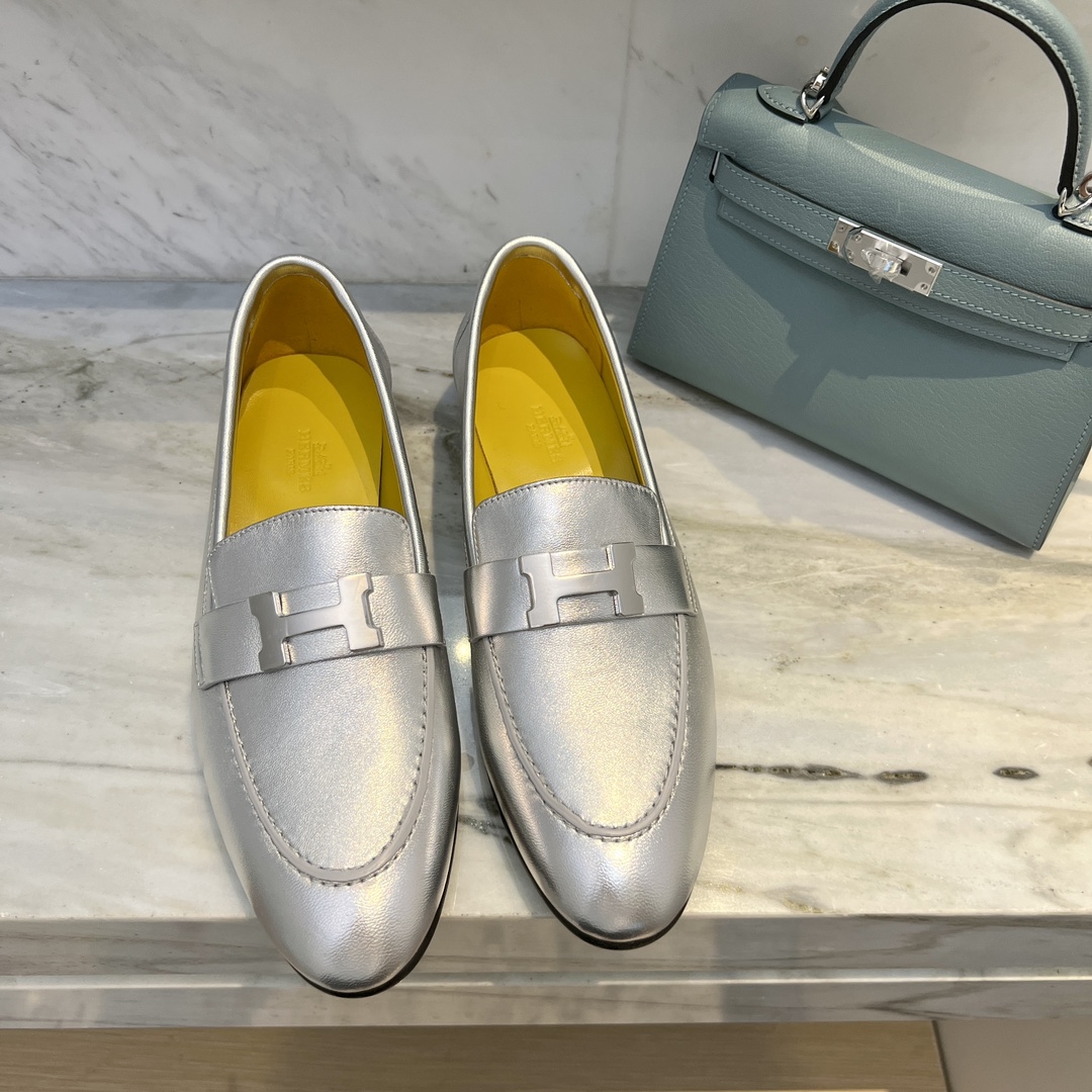 Hermes Shoes Loafers Silver Yellow Hardware Genuine Leather Lambskin Sheepskin