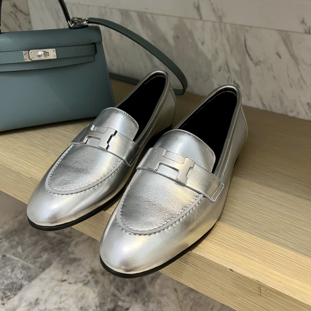 Hermes Shoes Loafers Buy Online
 Black Silver Hardware Genuine Leather Lambskin Sheepskin