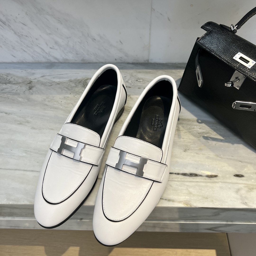 Top quality Fake
 Hermes Sale
 Shoes Loafers Black White Silver Hardware Genuine Leather Lambskin Sheepskin