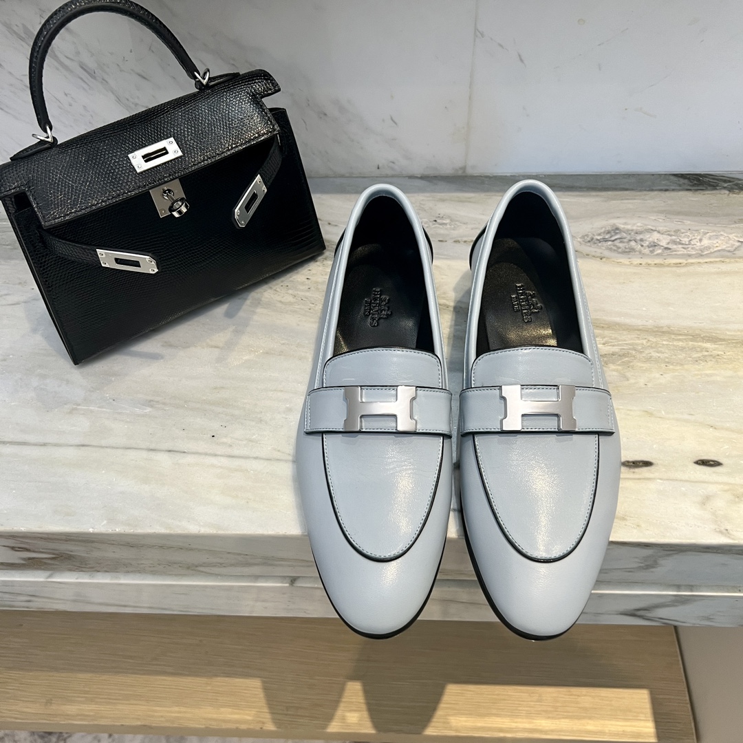 Hermes Shoes Loafers Black Blue Silver Hardware Genuine Leather Lambskin Sheepskin