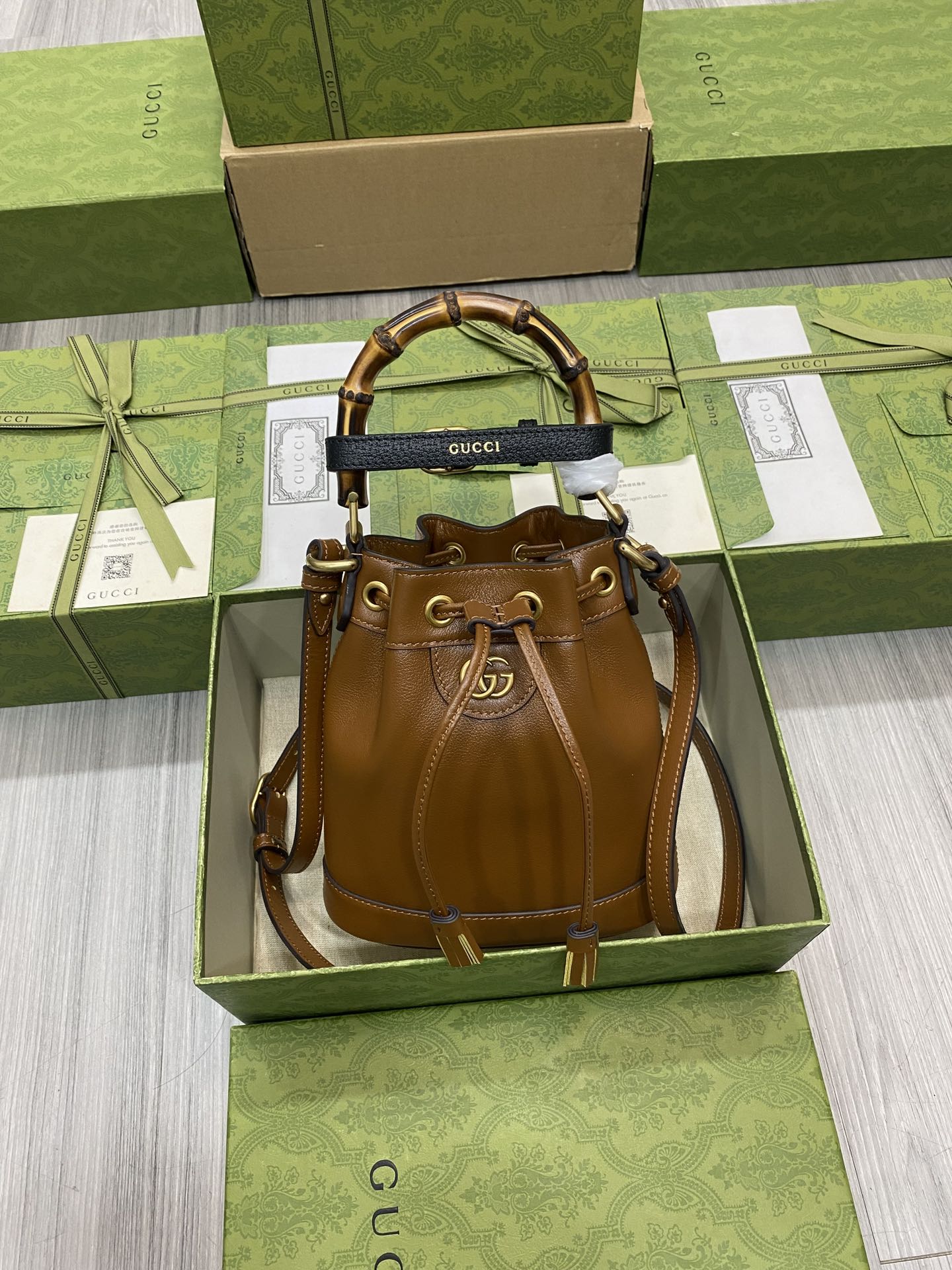 GUCCI Bamboo Handle Double G Brown Leather Mini Bucket Bag