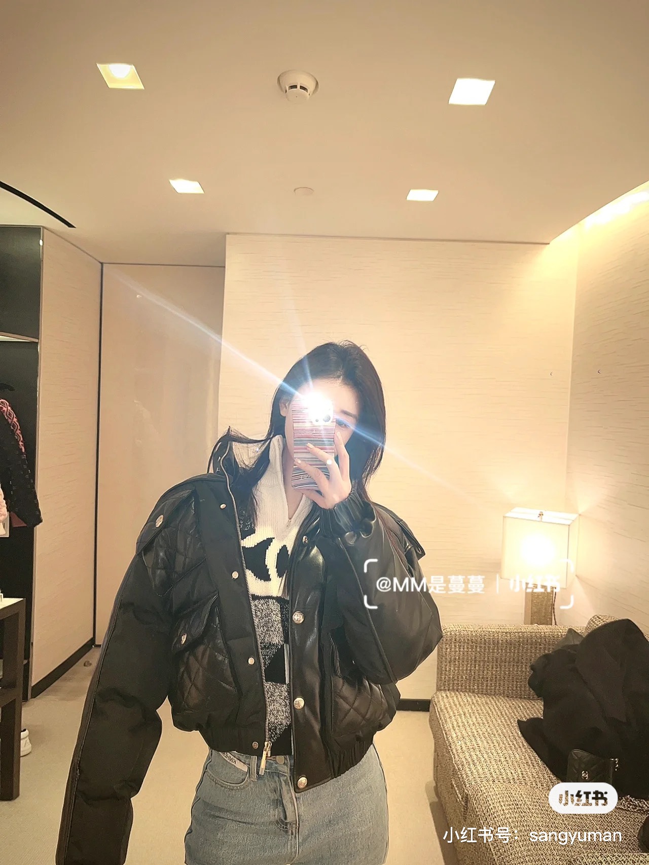 2022Chane*coco neige滑雪系列新品!本季最火!代购爆款一件难求!羊皮拼接连帽真皮羽绒外套羽绒服