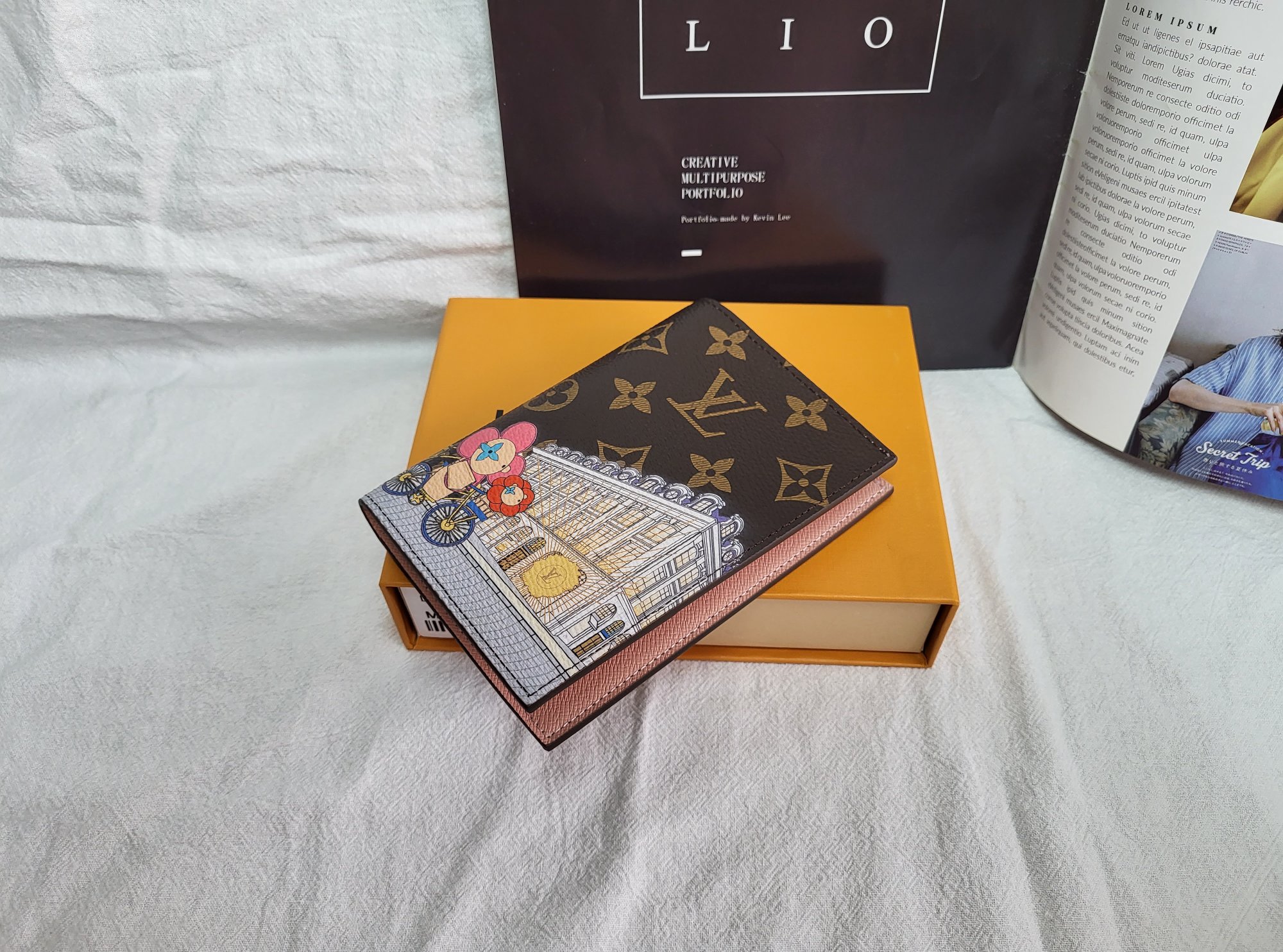 Open view of a leather passport holder with card slots and passport pocket