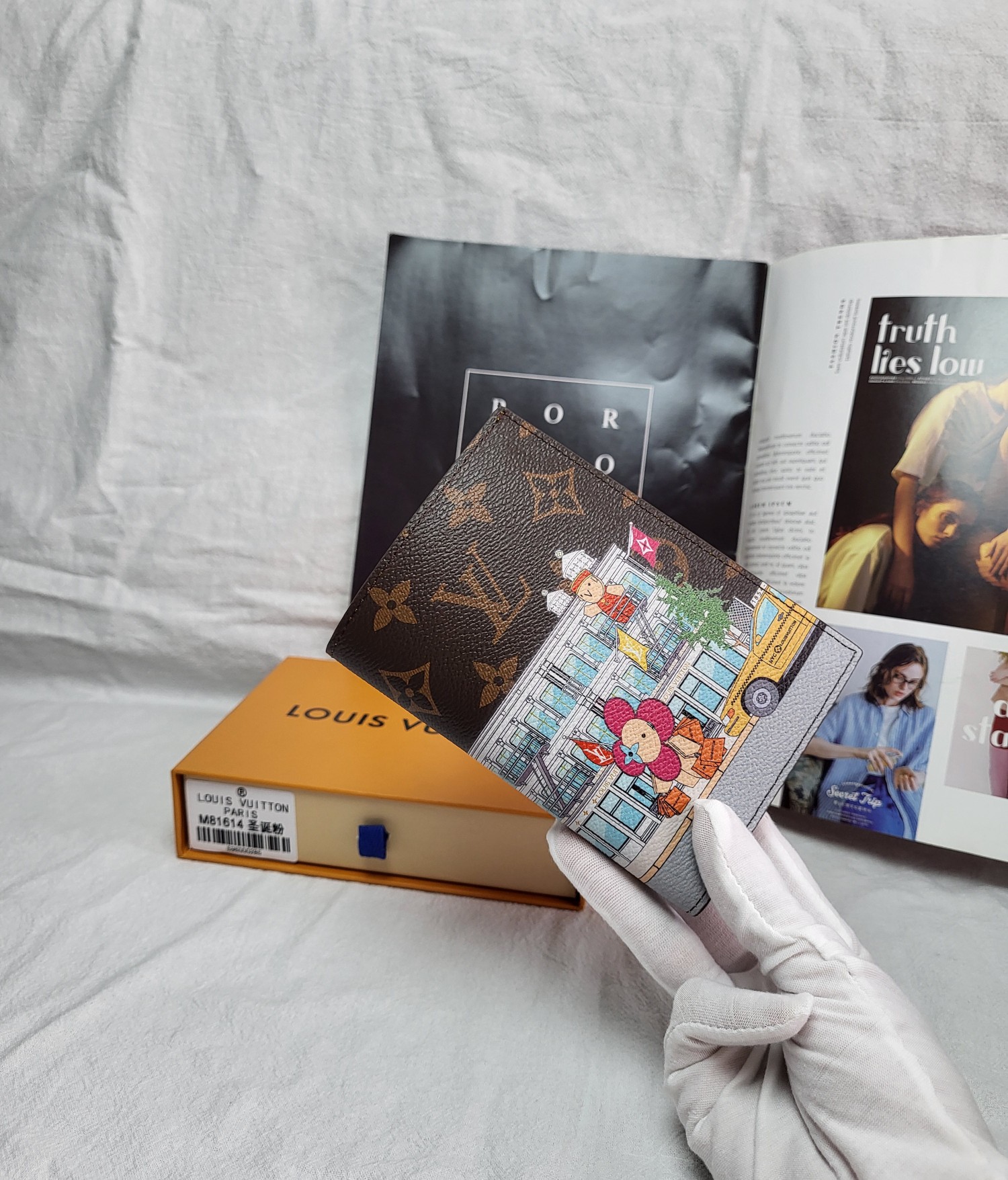 Open leather passport cover, interior view