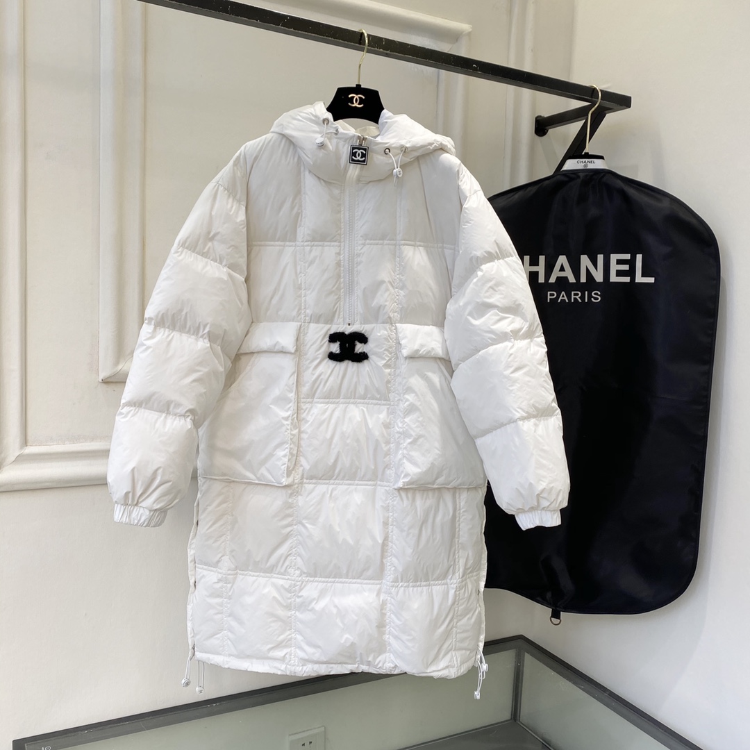 Chanel Clothing Down Jacket Black White Hooded Top