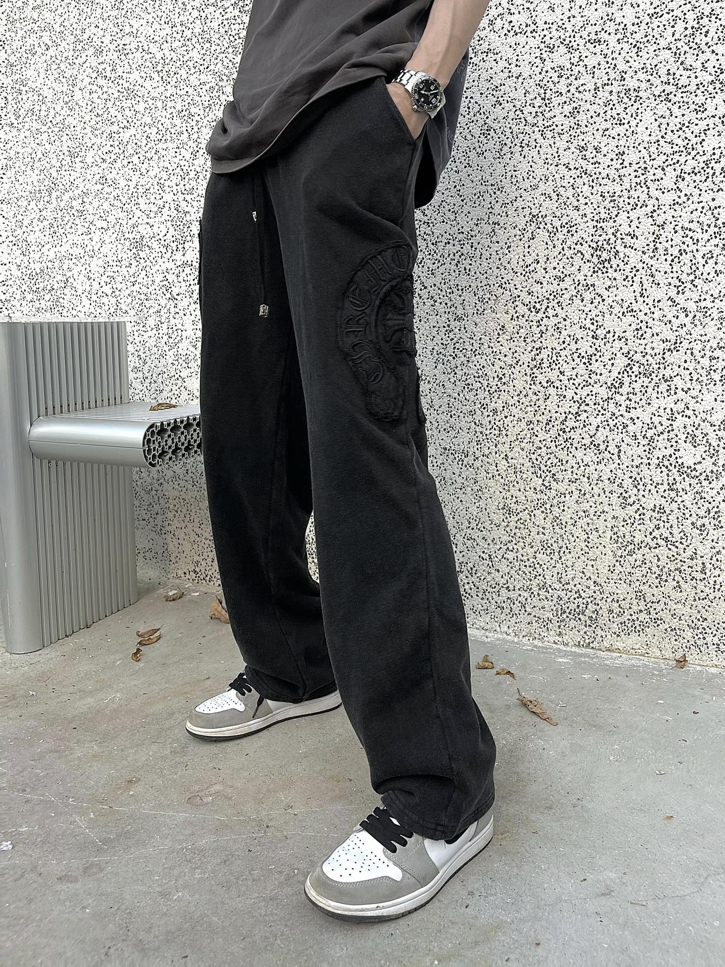 Chrome Hearts Clothing Pants & Trousers Black White Embroidery Unisex Cotton Goat Skin Sheepskin Silica Gel Stark Chains