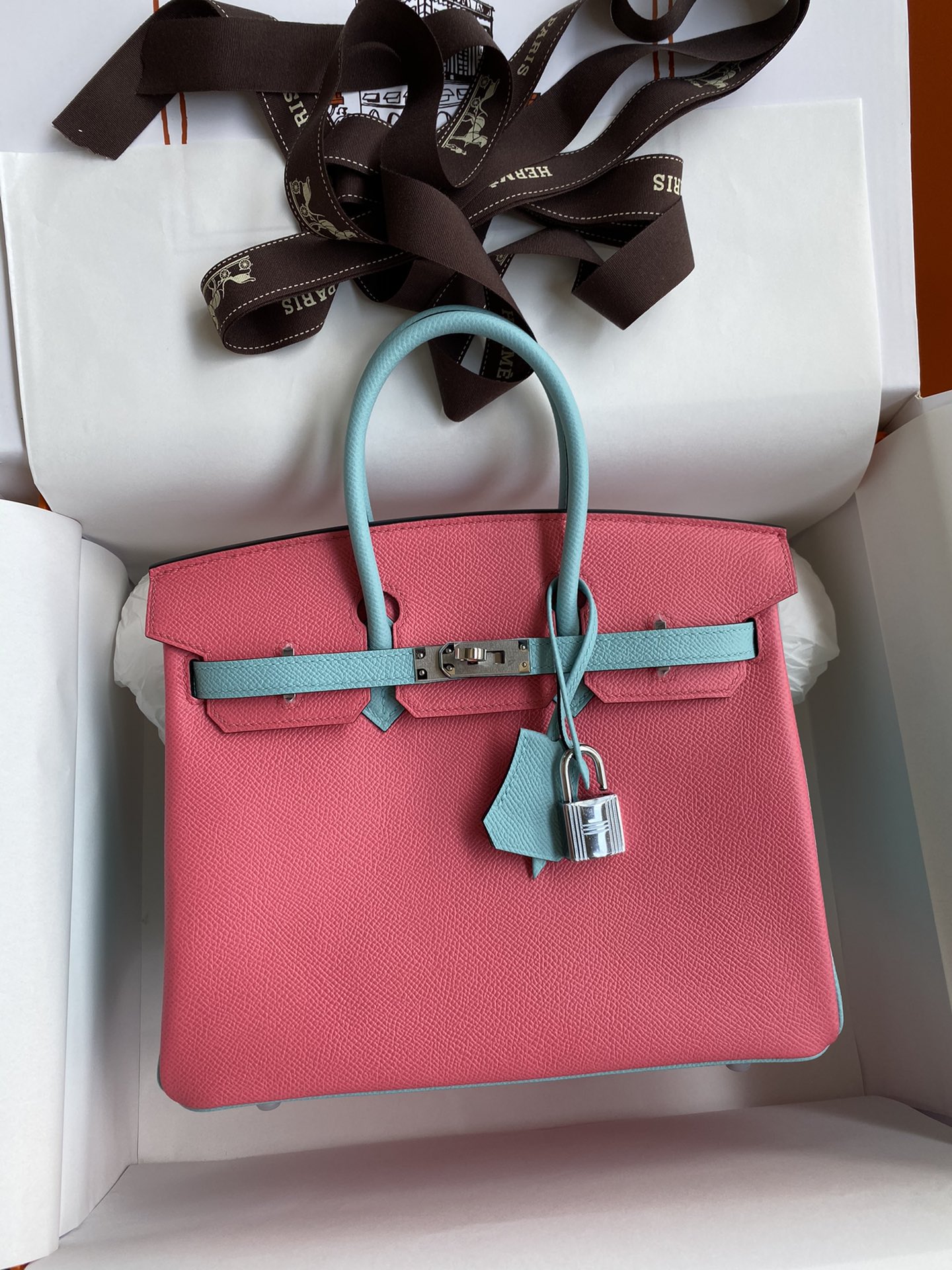 NO:699158,Birkin 25cm imported Esom leather lipstick powder with macaron blue silver buckle, Hermes, Hermes, Hermes,19860909Birkin 25cm 进口Esom皮 唇膏粉拼马卡龙蓝 银扣,爱马仕,hermes,Hermes,,Bag