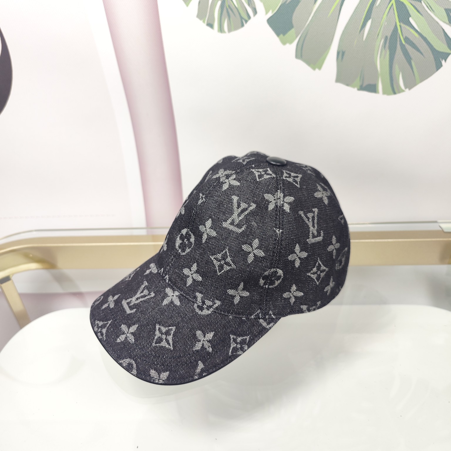 Denim Embroidered Baseball Cap - Side View Denim embroidered baseball cap side view