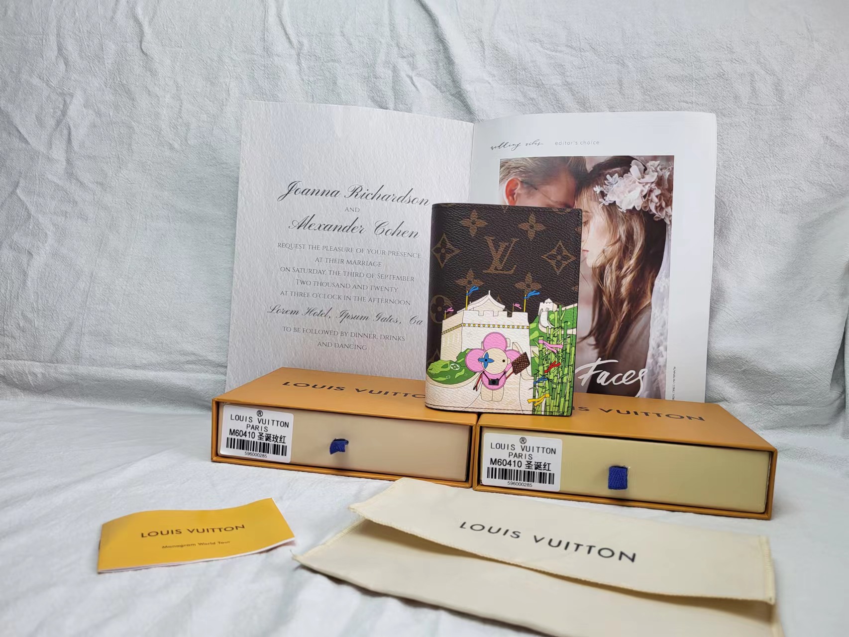 Open view of leather passport holder showing interior compartments