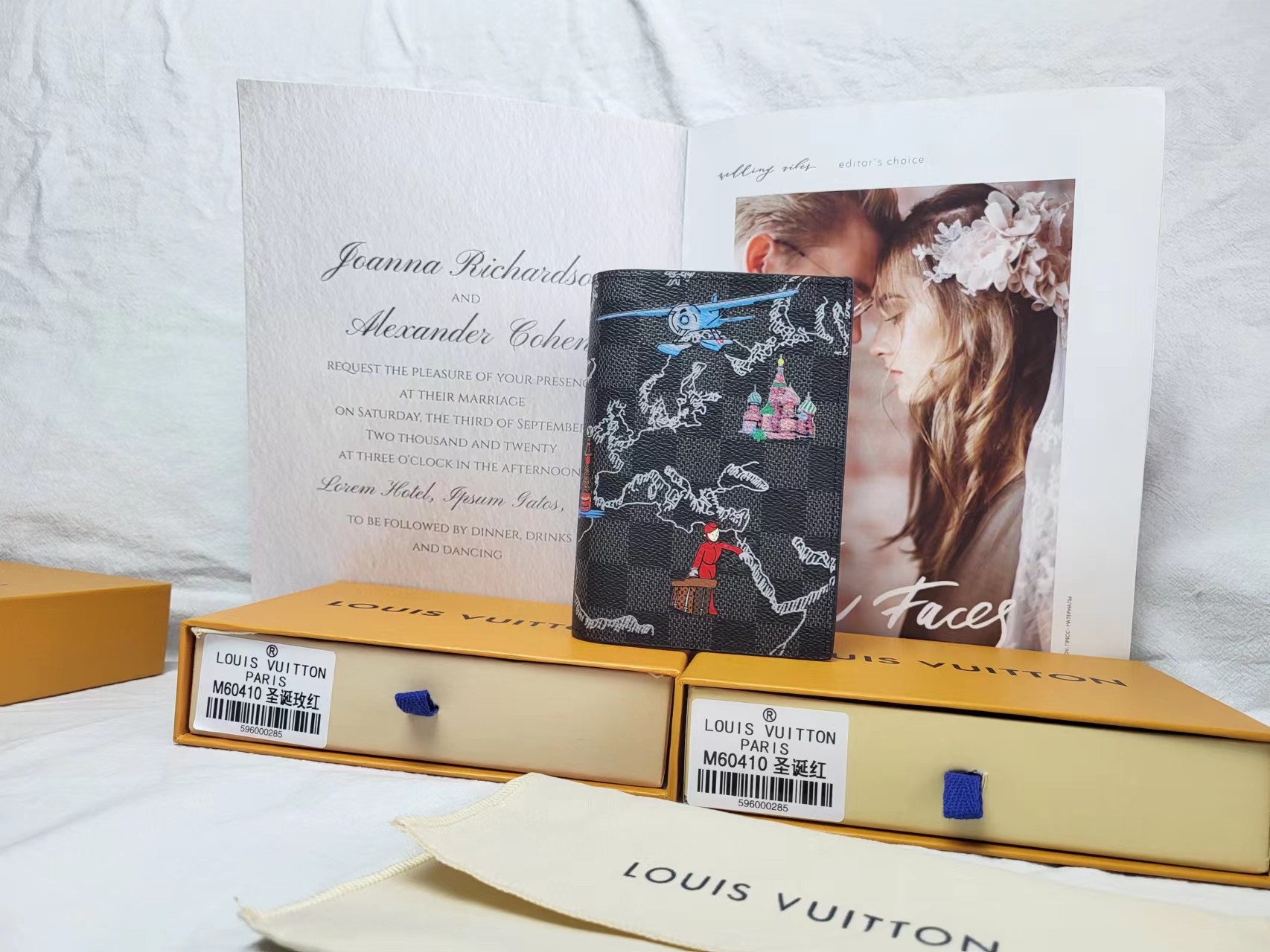 Open view of leather passport cover showing interior compartments