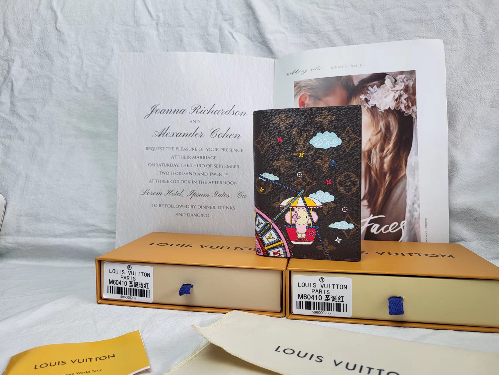 Open view of leather passport case showing interior compartments