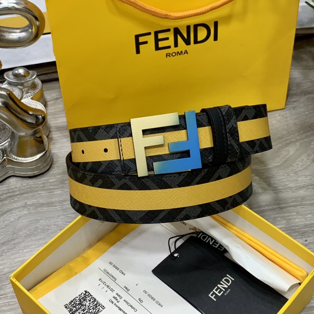 FENDI芬迪专柜同款宽4.0CM双环正反用腰带FF按钉搭扣黑色CuoioRomano皮革材质反面面料带